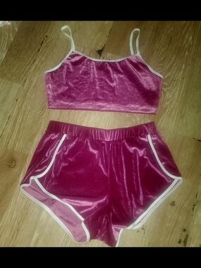 Dahla Velvet 2 Piece Cami & Shorts Set in Magenta with White Trim